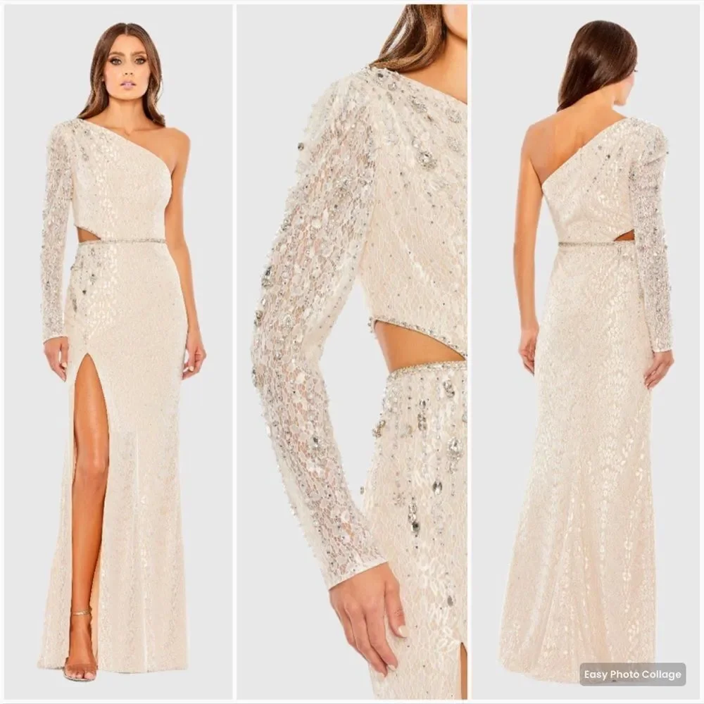 Mac Duggal 11306 Womens One Sleeve Embellished Cut Out Gown Dress